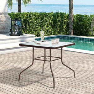 lot 7756 image: Square Metal Outdoor Dining Table with Umbrella Hole