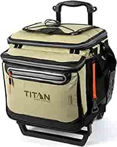 lot 7778 image: Arctic Zone Titan Deep Freeze 60 Can Rolling Cooler with All Terrain Cart, Moss