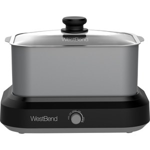 lot 7783 image: West Bend 87906 Large Capacity Non-Stick 6-Quart Versatility Cooker with 5 Different Temperature Control Settings Dishwasher Safe Includes A Travel Lid & Thermal Carrying Case Silver