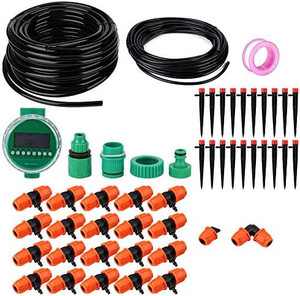 lot 8325 image: 20m Automatic Drip Irrigation Kit, Garden Irrigation Water Timer Controller Hose Watering Tool Kit DIY Saving Water Mist Cooling Irrigation Equipment Set for Garden Greenhouse, Flower Bed,Patio,Lawn, Item May Differ From Stock Photos