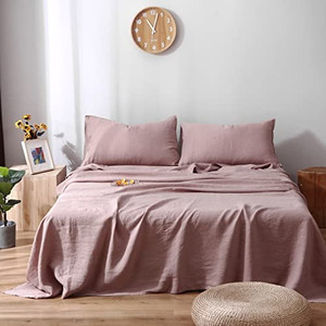 lot 8335 image: 100% French Natural Linen Bedding S VICTORY SYMBOL Ultra Soft Durable Luxurious Stone Washed 4 Pieces Sheets Set(Rose Pink,King)