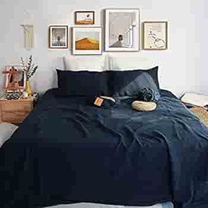 lot 8336 image: VICTORY SYMBOL 100% Linen Sheet Set French Natural Bedding Ultra Soft Durable Luxurious Stone Washed 4 Pieces Sheets Set(Navy,King)