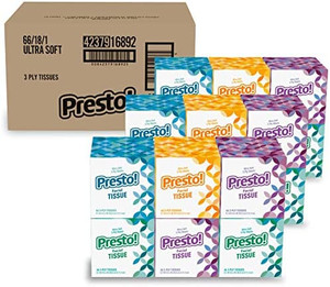 lot 8441 image: Amazon Brand - Presto Ultra-Soft Facial Tissues (18 Cube Boxes), 3-Ply Premium Thick, 66 Count (Pack of 18) Has Shipping Damage