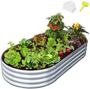 lot 8444 image: CEED4U 6 x 3 x 1 Feet Galvanized Raised Garden Bed with 15 Pcs Plant Labels, 1 Pair of Gloves, Oval Large Metal Outdoor Planter Box for Vegetables, Flowers, Herbs, Succulents, Fruits