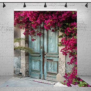 lot 9742 image: Riyidecor Vintage Wood Door Backdrop Blue Purple Flowers 5x7 Feet Spring Nature House Plant Romantic Wedding Scene Photography Background Adult Party Decor Props Photo Shoot Fabric Cloth