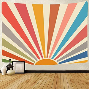 lot 9749 image: Vintage Sun Tapestry Boho Wall Hanging Retro 70s Rainbow Sunrise Sunset Minimal Geometric Grunge Abstract Art Print Hippie Bohemian Decor for Dorm Living Room Nursery Bedroom (51 x 59inch