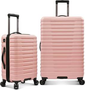lot 117 image: Traveler Boren Polycarbonate Hardside Rugged Travel Suitcase Luggage with 8 Spinner Wheels, Aluminum Handle, Pink, 2-Piece Set, USB Port in Carry-On