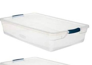 lot 143 image: Rubbermaid 41 Qt. Cleverstore Latching Stackable Storage Tote, Clear