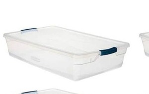 lot 144 image: Rubbermaid 41 Qt. Cleverstore Latching Stackable Storage Tote, Clear