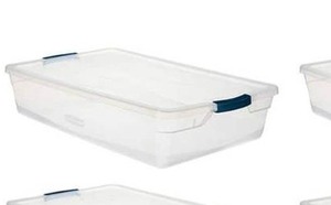 lot 145 image: Rubbermaid 41 Qt. Cleverstore Latching Stackable Storage Tote, Clear