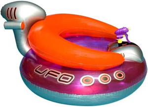 lot 335 image: SWIMLINE ORIGINAL Inflatable UFO Spaceship Pool Float Ride On With Fun Constant Flow Laser Ray Gun Water Squirter For Kids , Cool Retro Style, For Beach Ocean Pool Lake , Extra Thick Large Floatie