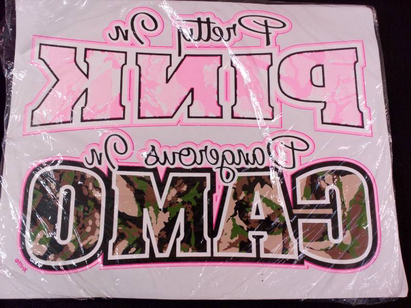 lot 79 image: Iron Ons - Pretty in Pink - Dangerous in Camo