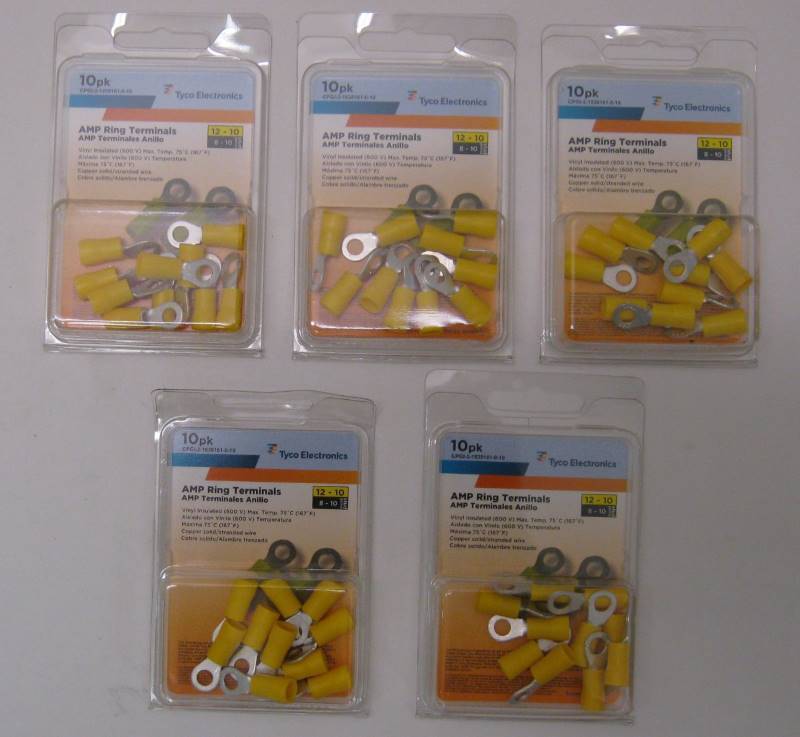 lot 2535 image: 50 TYCO AMP Ring Terminal 12-10 AWG 8-10 Stud YELLOW