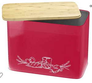 lot 39271 image: Space Saving Vertical Farmhouse Bread Box For Kitchen Counter with Bamboo Wood Cutting Board Lid - Bread Holder Can Hold 2 Loaves - Red Farmhouse Breadbox Bread Container Storage Bin, Red