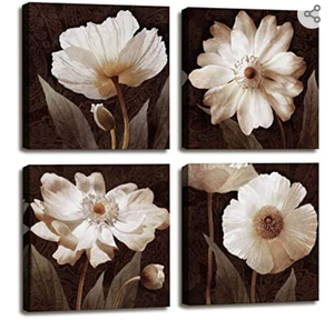 lot 39272 image: Canvas Wall Art Contemporary Simple Life White Flowers Floral Canvas Painting Pictures for Home Bedroom Decor - 4 Panels Framed Artwork