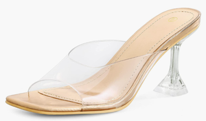 lot 39290 image: mysoft Womens Clear Heeled Sandals Square Toe Transparent Stiletto Mules Open Toe Slip on Dress Shoes, Wine Colored Platform, Size 8.5