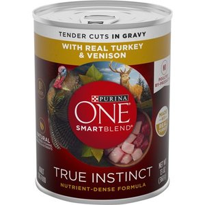 lot 39292 image: (12 Pack) Purina ONE Natural High Protein Gravy Wet Dog Food SmartBlend True Instinct Real Turkey & Venison 13 oz. Cans