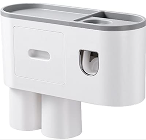 lot 39296 image: Multi-functional Wall-mounted Toothbrush Holder & Automatic Toothpaste Dispenser (2 Cups)