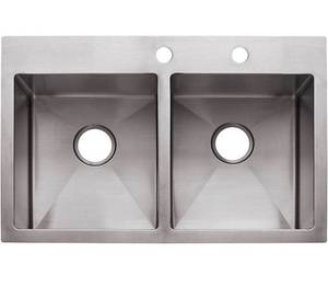 lot 32231 image: $$ Franke HF3322-2 Vector 33 Dual Mount Double Bowl 2-Hole Kitchen Sink, Stainless Steel 33 Retail $320
