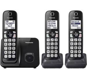 lot 32255 image: Panasonic Cordless Phone System, Expandable Home Phone with Call Blocking, Bilingual Caller ID and High-Contrast Display, 3 Handset - KX-TGD613B (Black)