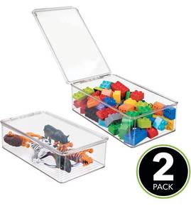 lot 32256 image: mDesign Plastic Playroom and Gaming Storage Organizer Box Containers with Hinged Lid for Shelves or Cubbies, Holds Small Toys, Building Blocks, Puzzles, Markers, Controllers, or Crayons, 2 Pack, Clear