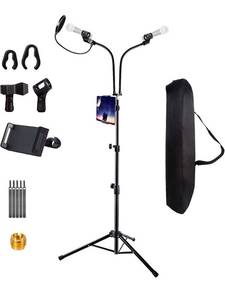 lot 32259 image: Double Gooseneck Microphone Stand for Singing,Height up to 6 Feet Heavy Duty Tripod Mic Stands with Mic Clip Holders,Mic Stand with Two Bendable Arms and Phone Holder for Performance, Karaoke Singing