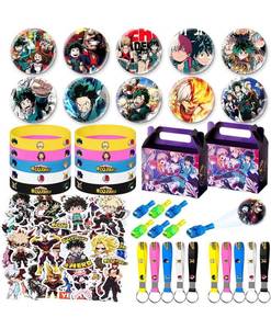 lot 32262 image: My Hero Academia Birthday Party Supplies, 90Pcs Party Favors, Include 10 Gift Box,10 Button Pins, 10 Key Chains and 50 Stickers for Kids Anime Themed Party