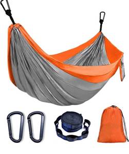lot 32265 image: JMOKA Camping Hammock Double or Single, 660 lb Load Heavy Duty Portable Hammock Nylon Parachute Hammock for Indoor Outdoor Backpacking, Camping, Travelling, Beach, Backyard Portable(2 Tree Straps)