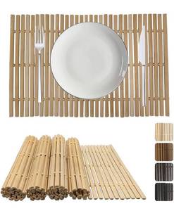 lot 32276 image: ANDSTAR Set of 8 Pcs Bamboo Placemats Natural Anti-Slip Thicken Bamboo Square Placemats Bead and Bamboo Panel Washable Heat-Resistant Table Mats for Dining Room and Kitchen (Brown)