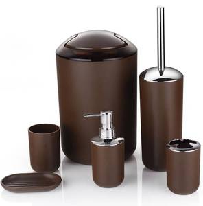 lot 38345 image: 6 Pcs Plastic Bathroom Accessory Set Luxury Bath Accessories Bath Set Lotion Bottles, Toothbrush Holder, Tooth Mug, Soap Dish, Toilet Brush, Trash Can, Rubbish Bin (Brown)