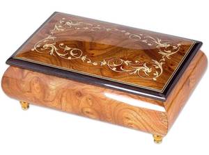 lot 38347 image: Italian Hand Crafted Inlaid Natural Elm Wood Musical Box Plays Clair De Lune