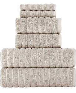 lot 38355 image: Classic Turkish Towels - Luxury Ribbed Towel Set, 100% Cotton - 6-Piece Set (Almond Beige)