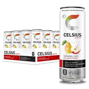 lot 42117 image: CELSIUS Sparkling Fuji Apple Pear Fitness Drink, Zero Sugar, 12oz. Slim Can, 24 Pack