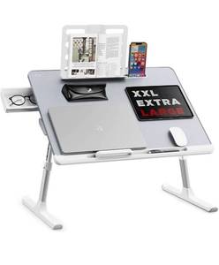 lot 42168 image: Laptop Bed Tray Desk, SAIJI Adjustable Laptop Stand for Bed, XX-Large PVC Leather Foldable Laptop Table with Wrist Rest, Book Stand, Storage Drawer and Extra Leg Room for Sofa Couch Floor (Gray)