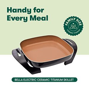 lot 42462 image: BELLA Electric Ceramic Titanium Skillet,Glass Lid Included, CopperBlack