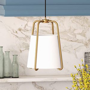 lot 42480 image: Marduk 11in.Wide Pendant with Fabric Shade, BrassWhite