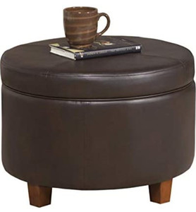 lot 42679 image: HomePop Round Leatherette Storage Ottoman with Lid, Chocolate Brown