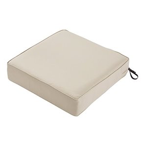 lot 26492 image: Classic Accessories Montlake Water-Resistant 25 x 25 x 5 Inch Outdoor Seat Cushion, Durable Patio Furniture Cushion with Straps, Antique Beige, Outdoor Cushion Cover