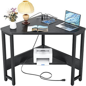 lot 26794 image: Armocity Corner Desk Small Desk with Outlets Corner Table for Small Space, Corner Computer Desk with USB Ports Triangle Desk with Storage for Home Office, Workstation, Living Room, Bedroom, Black.
