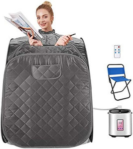 lot 26815 image: OppsDecor Portable Steam Sauna Spa, Personal Indoor Sauna Tent Remote Control&Chair&Timer Included, One Person Sauna for Therapeutic Relaxation Detox at Home, Silver Grey  (31.5 x 31.5 x 40.6inch)