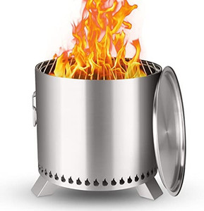 lot 26827 image: PNKKODW 15 Inch Stove Bonfire Fire Pit with Stand,304 Stainless Steel, Smokeless Wood Burning Outdoor Firepit with Lid and Campfire Grill, Portable Fireplace for Outside Patio Backyard Cooking Camping  (Retails $179.99)