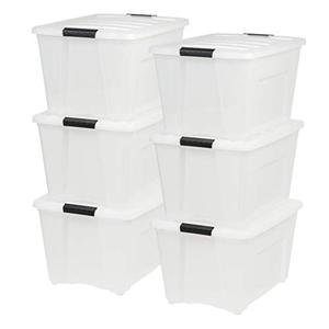 lot 26832 image: IRIS USA 53 Qt. Plastic Storage Bin Tote Organizing Container with Durable Lid and Secure Latching Buckles, Stackable and Nestable, 3 Pack, Pearl with Black Buckle  (Damaged--See photos)  (SOLD AS IS)