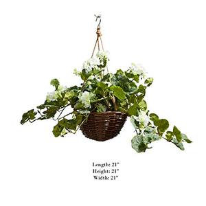 lot 28270 image: Faux Flowers Geranium Hanging Natural and Lifelike Floral Arrangement with Basket for Home or Office by Pure Garden, White