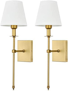 lot 28286 image: Pauwer Slim Wall Sconces Set of 2 White Fabric Shade Wall Sconce Hardwired Indoor Wall Light Column Stand Bedroom Wall Lamp Bathroom Vanity Light Fixture, Antique Brass