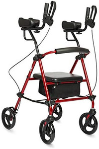 lot 28690 image: Zler Upright Walker with Extra Wide Padded Seat and Back, Tall Walker with Seat Basket for Seniors, Red