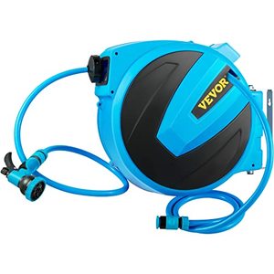 lot 28694 image: VEVOR Retractable Hose Reel, 12 inch x 100 ft, Any Length Lock & Automatic Rewind Water Hose, Wall Mounted Garden Hose Reel w 180° Swivel Bracket and 8 Pattern Hose Nozzle, Blue
