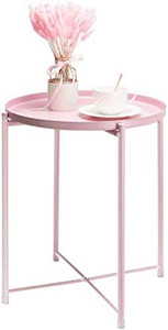 lot 28718 image: Danpinera Side Table, Metal End Table, Small Round Outdoor Table with Pull Out Tray for Living Room, Bedroom, Balcony, Patio and Office (Pink)