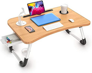 lot 28731 image: Elekin Folding Standing Laptop Desk, Multifunction Table Stand Desk with USBCup Holder for Bed Sofa with Small Gift (Small Table Lamp, Small Fan) Wood Color