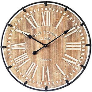 lot 28750 image: Farmhouse Oversized 24 Inch Wall Clock, Rustic Antique Wood with Metal Circle and Large Engraved Numbers, Silent Battery Operated for Office Kitchen Bedroom Living Room, Nature