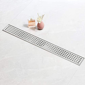 lot 28753 image: SaniteModar 32 Inch Linear Shower Drain, Square Hole Pattern Shower Drain, Brushed 304 Stainless Steel Linear Drain with Leveling Feet and Hair Strainer